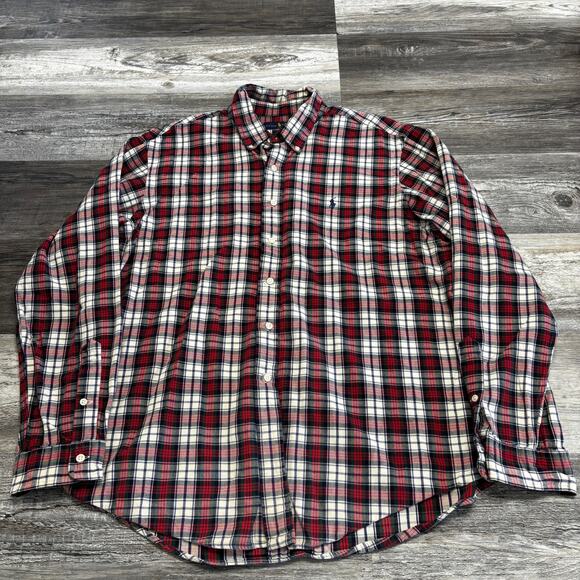 Ralph Lauren‎ Red Green Mens XL Pony Button Down Flannel Shirt Tartan Plaid - Picture 1 of 8